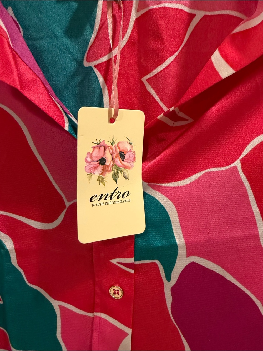 NWT Entro Bold Floral Button-Down Shirt Pink & Teal Sz L - Picture 3 of 4